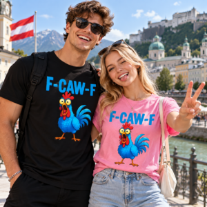 Funny Rooster T-Shirt – "F-CAW-F" Cartoon Chicken Tee